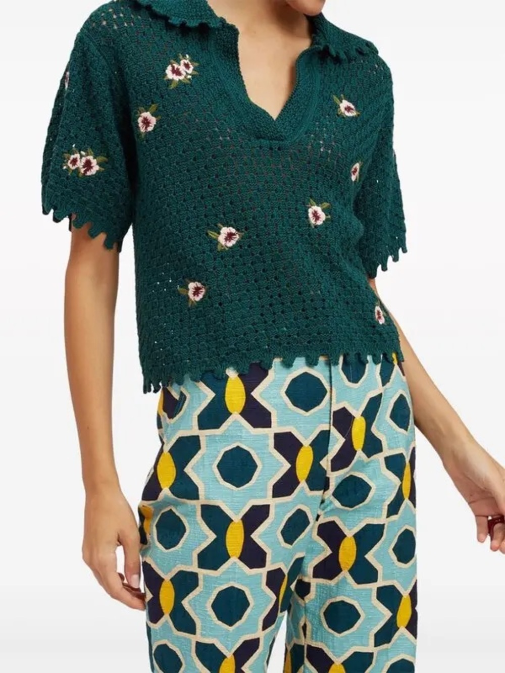 LA DOUBLE J Floral Embroidered Crochet Polo Shirt
